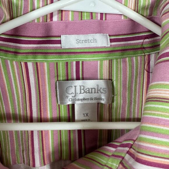 CJ Banks Womens Metal Button up Shirt Jacket Collar Striped Pink Size 1X - Picture 3 of 11